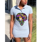 LW Casual Turndown Collar Portrait Print Grey Mini