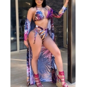 LW Floral Print Hollow-out Three-piece Swimsuit