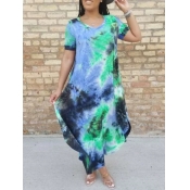 Lovely Casual U Neck Tie-dye Asymmetrical Baby Blu