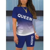 Lovely Casual Gradient Letter Print Blue Two Piece