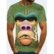 Lovely Men Casual O Neck Animal Print Green T-shir