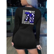 LW Casual Letter Print Zipper Design Black Mini Dr