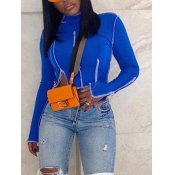 Lovely Casual Turtleneck Zipper Design Blue T-shir