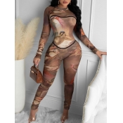 LW SXY Graffiti Print Patchwork Brown One-piece Ju