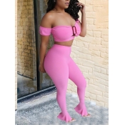 Lovely Sexy Off The Shoulder Flounce Design Pink T