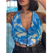 Lovely Sexy Backless Tie-dye Striped Blue Camisole