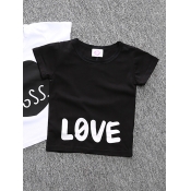 LW COTTON Boy Casual O Neck Letter Print Black T-s