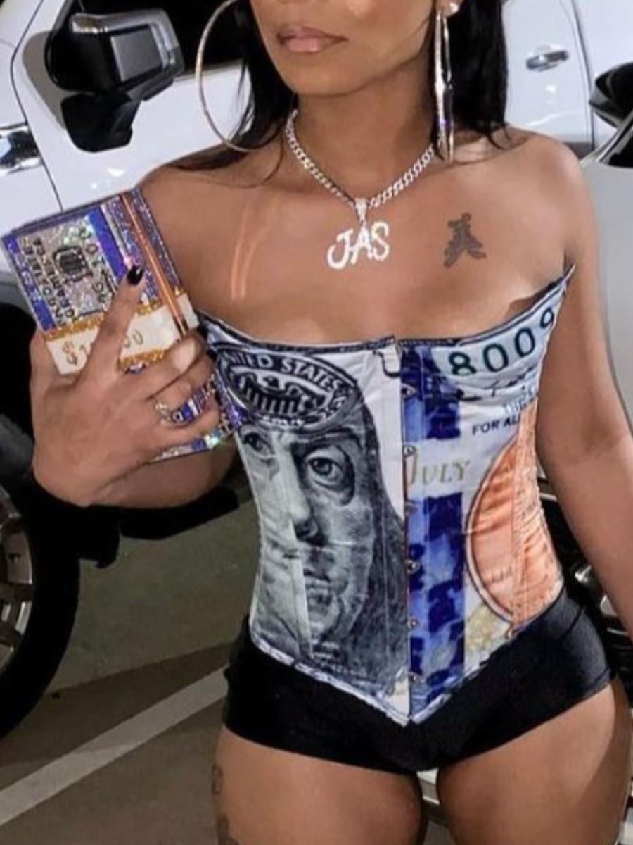LW SXY Street Off The Shoulder Letter Print Patchwork Blue Camisole