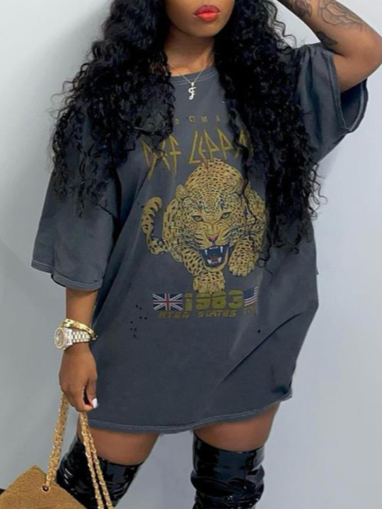 LW Dropped Shoulder Leopard Letter Print Dress