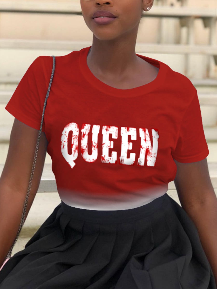 LovelyWholesale Trendy Gradient Letter Print Red T-shirt Summer Short Sleeve Casual Queen Round Neck Spring Summer 2024