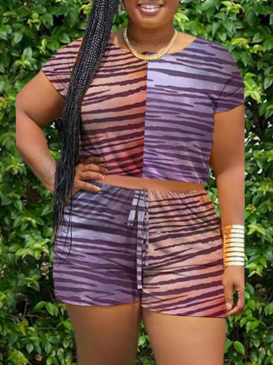 LW Casual O Neck Animal Print Patchwork Brown Two Piece Shorts Set
