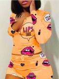 LW Stylish Lip Letter Print Orange Two Piece Shorts Set