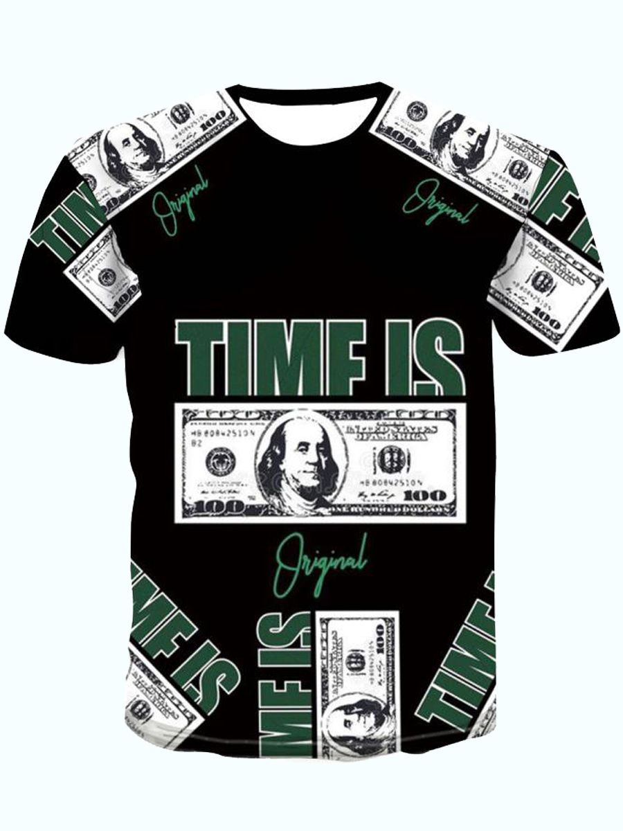 LovelyWholesale Men Money Letter Print Black T-shirt Summer Short Sleeve Street Graffiti Element Round Neck Spring Summer 2024