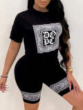 LW Round Neck Letter Print Patchwork Shorts Set