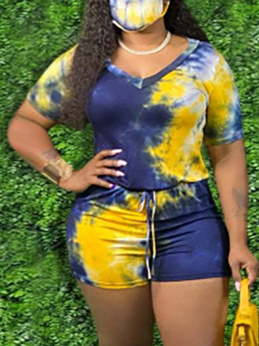 LovelyWholesale Street Tie Dye Drawstring Blue One-piece Romper Summer Short Sleeve Street Basic V Neck Spring Summer 2024