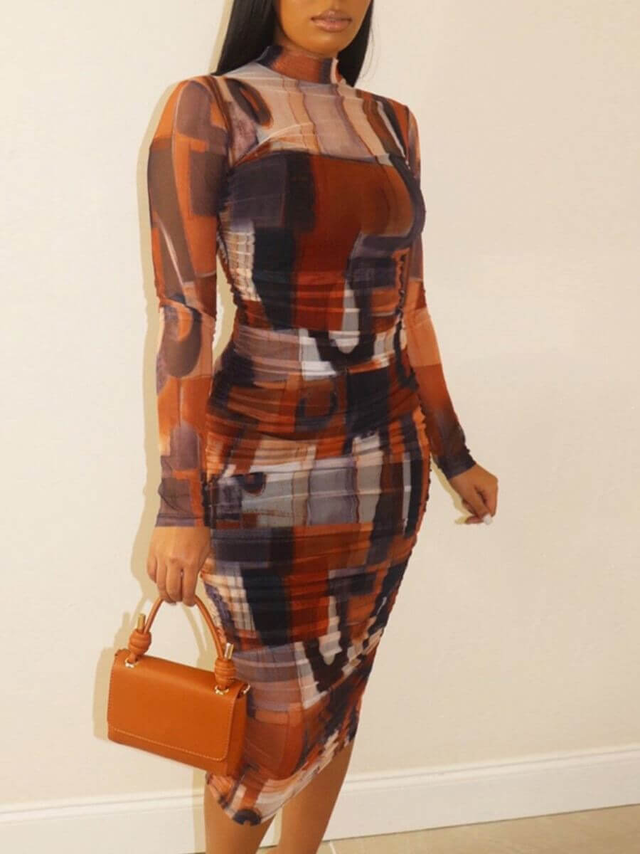 LovelyWholesale Plus Size Elegant Half A Turtleneck Print Multicolor Mid Calf Dress Fall Long Sleeve Elegant Basic Mock Neck  5X Spring Summer 2024