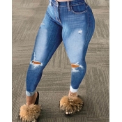 LW Casual High-waisted Broken Holes Baby Blue Jean
