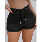 Lovely Casual Mid Waist Bandage Design Black Short