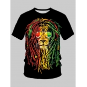 LW Men Casual O Neck Lion Print Black T-shirt