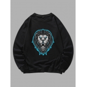 Lovely Men Casual O Neck Lion Print Black Hoodie
