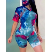 Lovely Casual V Neck Tie Dye Blue Two Piece Shorts