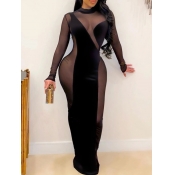 LW Sexy O Neck See-through Black Floor Length Dres