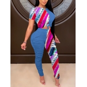 Lovely Trendy O Neck Print Patchwork Blue Two Piec