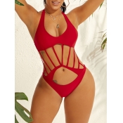 LW Casual Bandage Hollow-out Design Red One-piece 