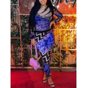Lovely Chic O Neck Print Patchwork Blue One-piece 