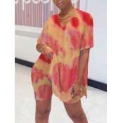 LW Casual V Neck Tie Dye Split Red Two Piece Short