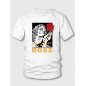 Lovely Men Casual O Neck Letter Rose Print White T