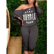 LW Casual Letter Print Drawstring Loose Black Two 