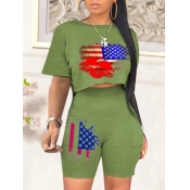 LW Casual O Neck Flag Print Army Green Two Piece S