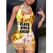 LW Casual U Neck Letter Print Broken Holes Yellow 