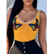 Lovely Casual O Neck Butterfly Print Yellow Camiso