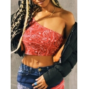 LW BASICS Chic One Shoulder Print Patchwork Red Ca