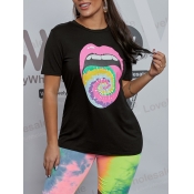 Lovely Casual O Neck Lip Print Black T-shirt