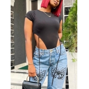 LW Casual O Neck Elastic Black Bodysuit