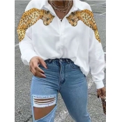 Lovely Casual Turndown Collar Animal Print White B