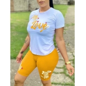 Lovely Casual O Neck Letter Print Yellow Two Piece