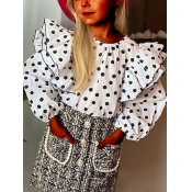 Lovely Girl Casual Flounce Dot Print Patchwork Whi