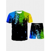 LW Men Casual Splash Ink Print Black Two Piece Sho