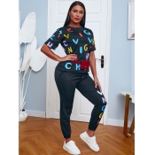 LW Street O Neck Letter Print Black Two-piece Pant