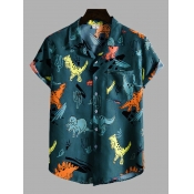 LW Men Casual Turndown Collar Cartoon Print Blue S