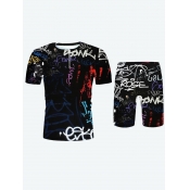 LW Casual O Neck Letter Print Black Men Two Piece 