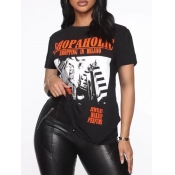 Lovely Casual Letter Print Patchwork Black T-shirt
