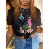 Lovely Casual O Neck Graffiti Print Black T-shirt