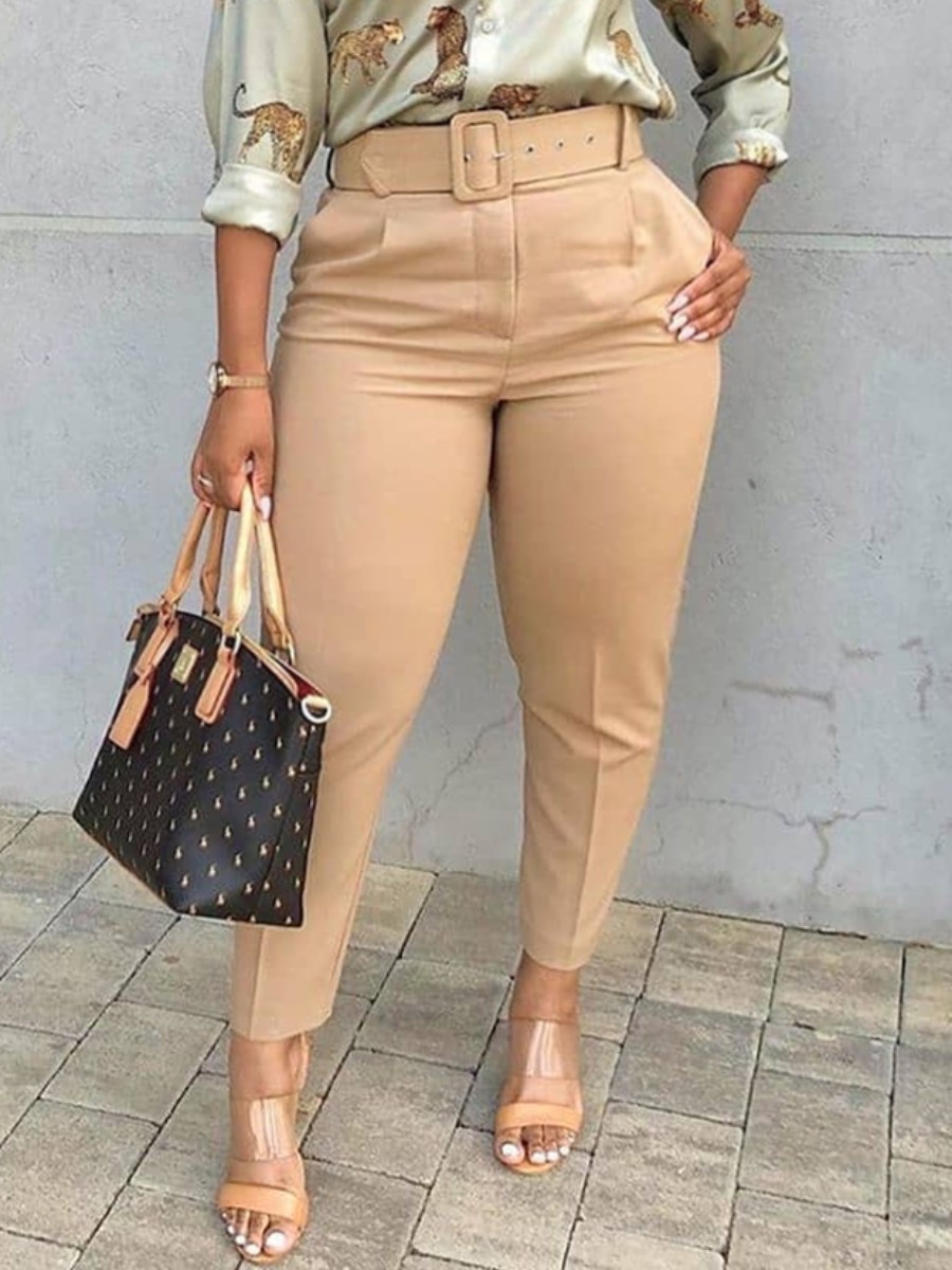 Lovely Business High-waisted Elastic Khaki Plus Size Pants(With Belt)