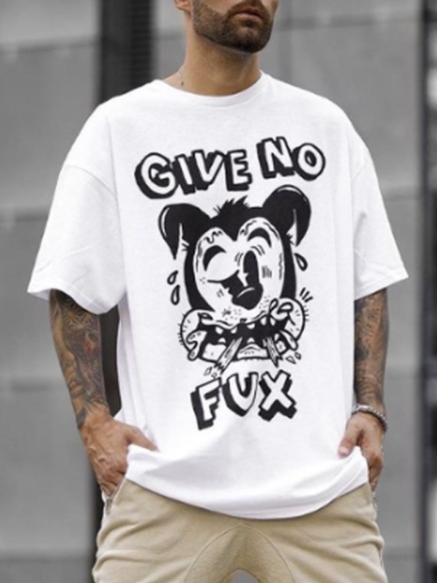 LovelyWholesale Men Casual Cartoon Letter Print White T-shirt Summer Short Sleeve Casual Letter Round Neck Spring Summer 2024