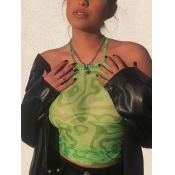 Lovely Street Mesh Graffiti Print Green Camisole